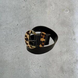 Vintage black leather belt with leopard print buckle